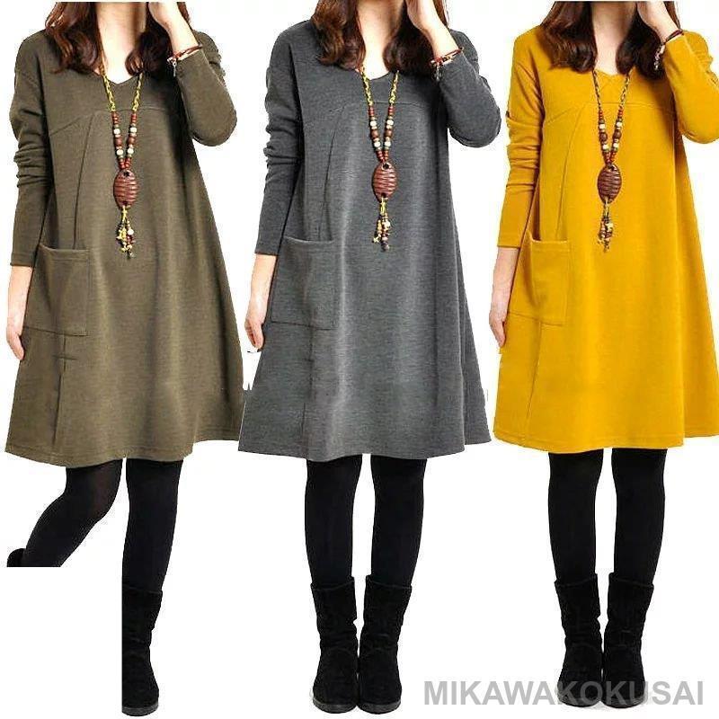 ワンピース 秋 冬 春 きれいめ 大人 ナチュラル服 ゆったり シンプル スモック エスニック 大人可愛い 膝丈 ミディアム上品 長袖 30代 40代 50代 ...