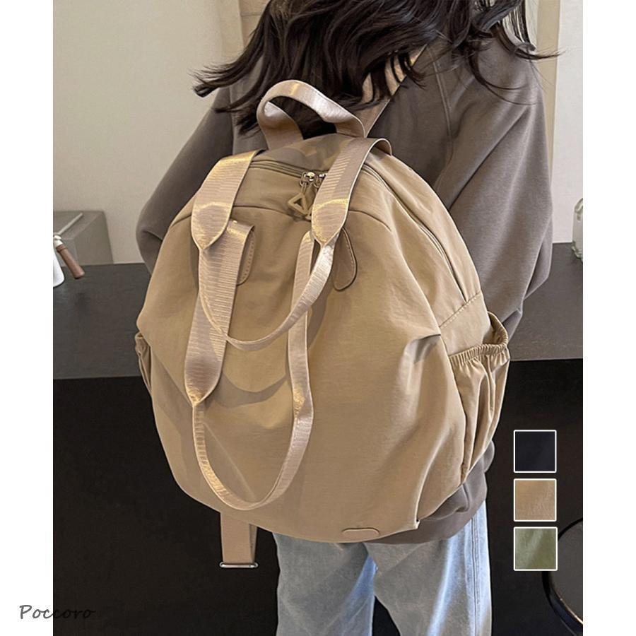 素材：ナイロン+ポリエステルカラー：ブラック/ベージュ/カーキサイズ：高さ:約41cm 上横幅:約31cm 底横幅:約29cm マチ:約11cm 持ち手高さ:約9cm 持ち手長さ:約22cm（調節不可、取り外し不可）肩掛けショルダー:約59cm（調節不可、取り外し不可）リュックショルダー:約54-96cm（調節可、取り外し不可）■収納について・A4対応（22×31cm)：〇・ipadmini対応（19.6×13.5×0.7cm)：〇・長財布（10×20cm）：〇・二つ折り財布:〇・キーケース:〇・ペットボトル横向き（500ml）：〇・ペットボトル縦向き（500ml）：〇重さ：約291g裏地：あり内ポケット：あり生産国：中国レディース 大容量 マザーズリュック 大人可愛い デイパック シンプル 通勤通学 a4肩掛けバッグ 修学旅行 ナイロン鞄スタイリッシュなデザインが特徴の円型リュックサック両サイドには便利なゴム付きポケットがあり、水筒や折りたたみ傘の収納に最適リュック・ 肩掛け・手提げの3WAYで使用できるな日常使いから旅行、通勤・通学まで、さまざまなシーンで活躍する
