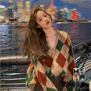 レディース Vネック 長袖 ジャガードニットカーディガン 配色 羽織り 前開き トップス はおり 通学通勤 韓国風 秋服