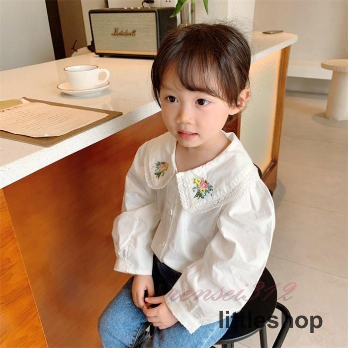 長袖シャツ 女の子 トップス 春夏秋 子供服 キッズシャツ ホワイトシャツ 刺繍柄