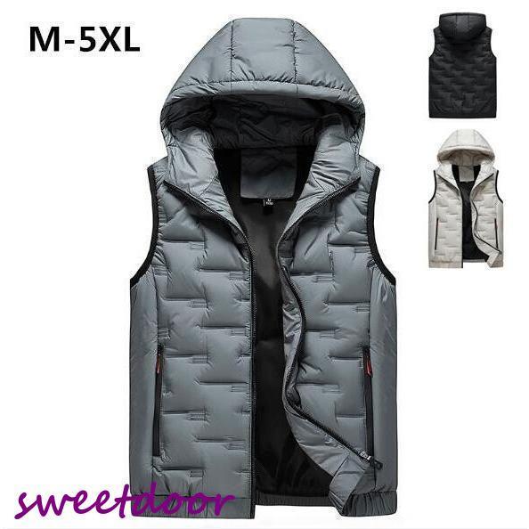 秋冬フード付ベスト メンズチョッキ 中綿ベスト 大きいサイズ カジュアルノースリーブチョッキ 無地 羽..