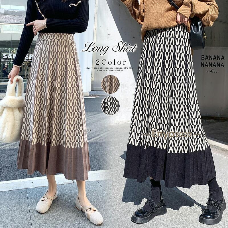 スカート ニット レディース ニットスカート プリーツ 幾何学 柄 パターン柄 ロング ジャガード ハイウ..