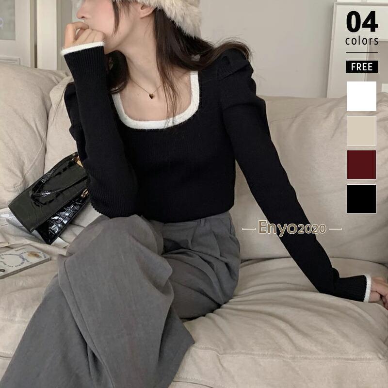 ニット パワショル セーター レディース 長袖 トップス ニットセーター リブニット パワショルニット パフスリーブ 体型カバー スクエアネック フィット カジ(4.0)