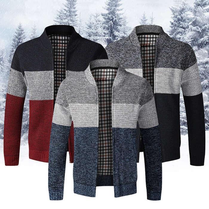 ニットジャケット メンズ ニットカーディガン 裏ボア アウター シープボア 裏起毛 キャンプウェア 冬用 冬服 ボーダー 立襟 通勤 通学