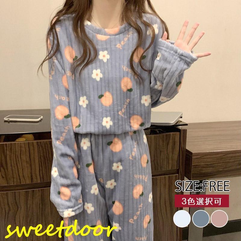 レディース ファッション パジャマ 寝巻き 厚手 裏起毛 クルーネック フランネル 秋冬 新作 家居 ホームウエア 保温 防寒 セートアップ もこもこ 苺柄