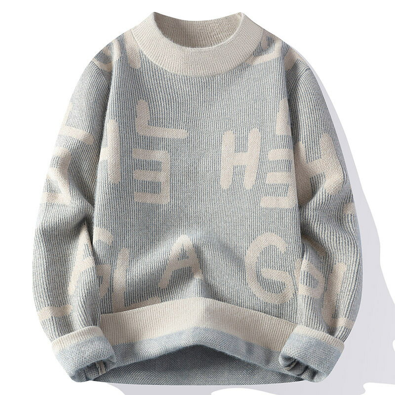 セーター メンズ ニットセーター ニット 長袖 モックネック シャギーニット ジャガードセーター トップス 英文字 総柄 男女兼用 暖かい シンプル 秋冬