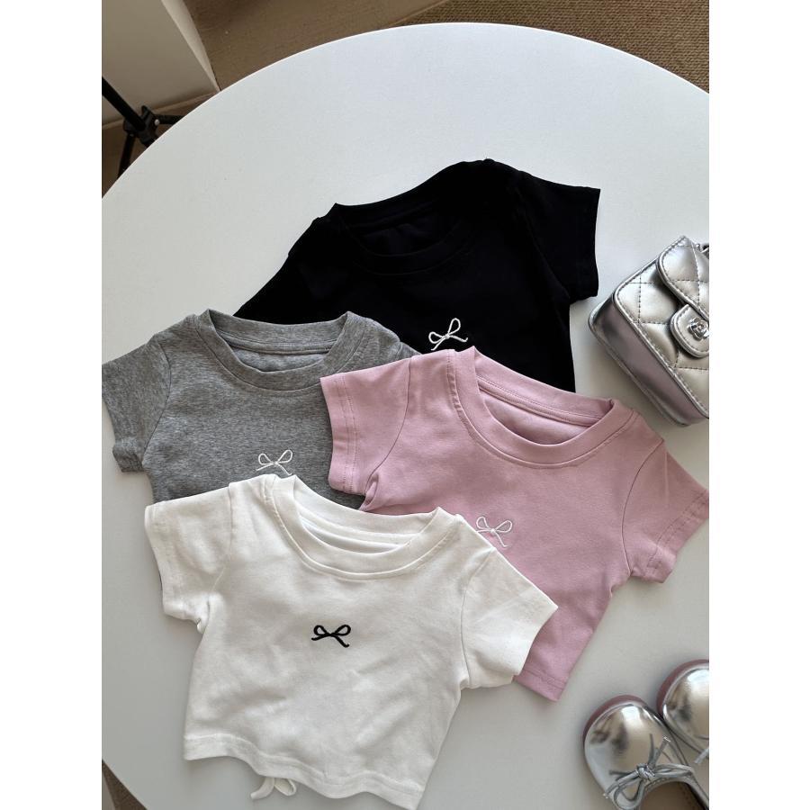 夏 女の子リボン結びバッククロップTシャツ 背中紐結びデザイン 短め丈 半袖 おし...