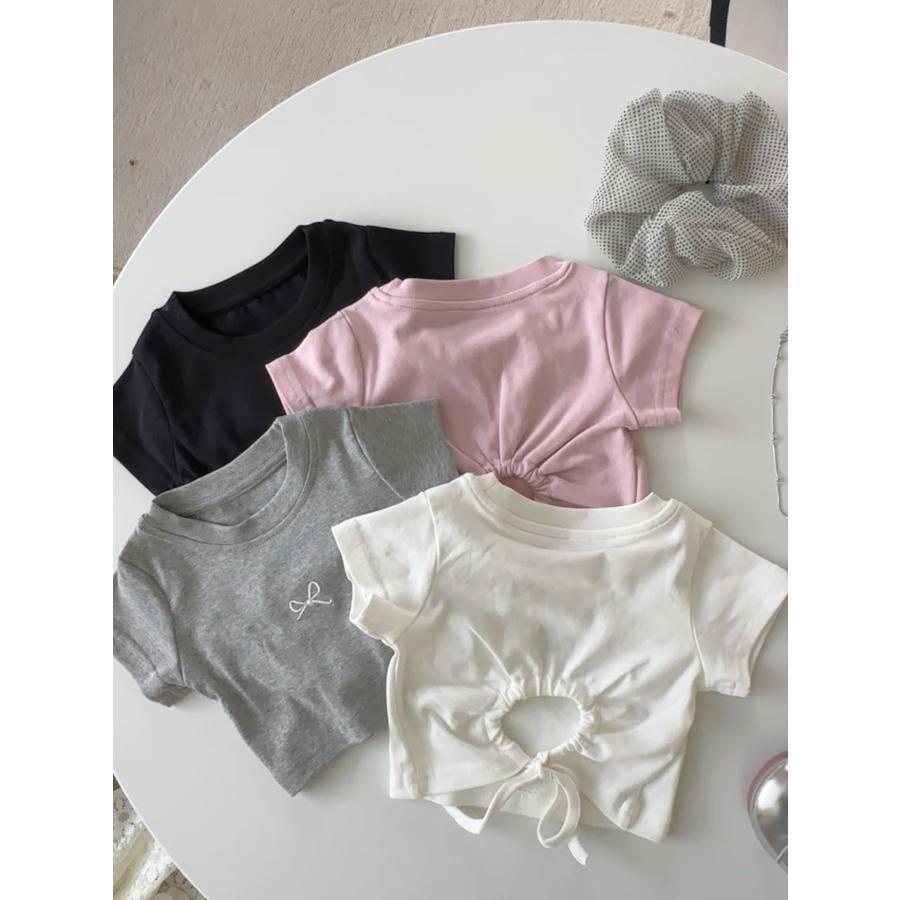 夏 女の子リボン結びバッククロップTシャツ 背中紐結びデザイン 短め丈 半袖 おし...