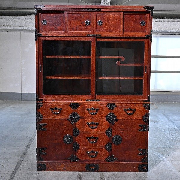 岩谷堂 水屋箪笥 欅材 拭漆塗り 南部鉄器金具 ケヤキ チェスト キッチン リビング 収納 伝統 民芸 和タンス【中古家具/中古インテリア/USED家具ユーズド家具/リサイクル】