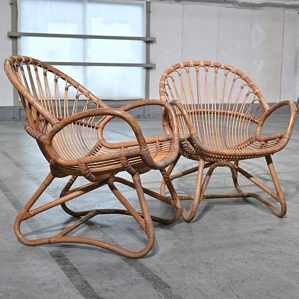 希少 山川ラタン 籐椅子 2脚セット 山川七郎 チェア スツール シングルソファ 一人掛け ビンテージ【中..