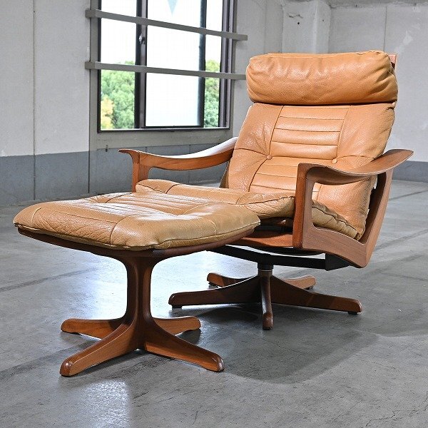 北欧ノルウェー LIED MOBLER リクライニングチェア チーク無垢材 オットマン 本革 1人掛けソファ ラウンジ リードモブラー リビング 寝室【中古家具/中古インテリア/USED家具ユーズド家具/リサイクル】