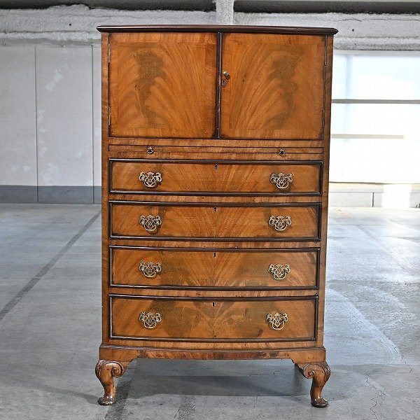 ロイズ・アンティークス 33万 トールボーイ バールウォールナット材 リビングチェスト 猫足 カブリオー..