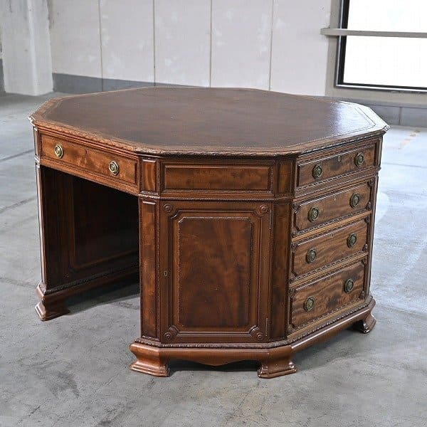 樂天商城 - 希少 イギリス製 1200万 H.Samuel Octagonal Desk マホガニー材 八角形 オクトゴンデスク レザートップ オージー 英国アンティーク London【中古家具/中古インテリア/USED家具ユーズド家具/リサイクル】