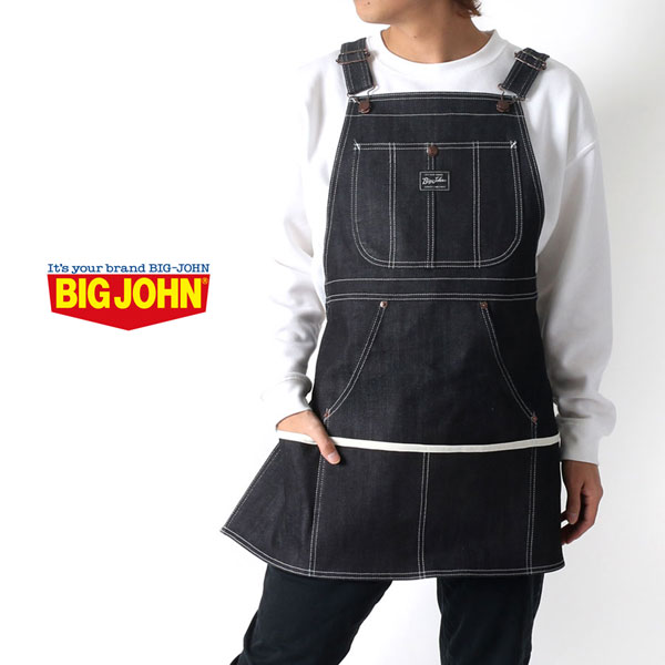 BIG JOHN エプロン メンズ 春 ストレッチ デニム オーバーオール型