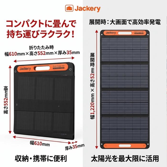Jackery ソーラーパネル 100W SolarSaga 100 JS-100F 両面発電 IP68 防水 防塵 IBC 高変換効率25% 薄型 軽量 3.6kg 二つ折り 充電器 太陽光発電 ポータブル電源 充電 防災グッズ アウトドア キャンプ 車中泊 ジャクリ 非常用電源 最大5年保証 正規販売店 ジャクリ marukin1121-10000091 マルキンProTool Shop楽天市場店 サンプル画像3