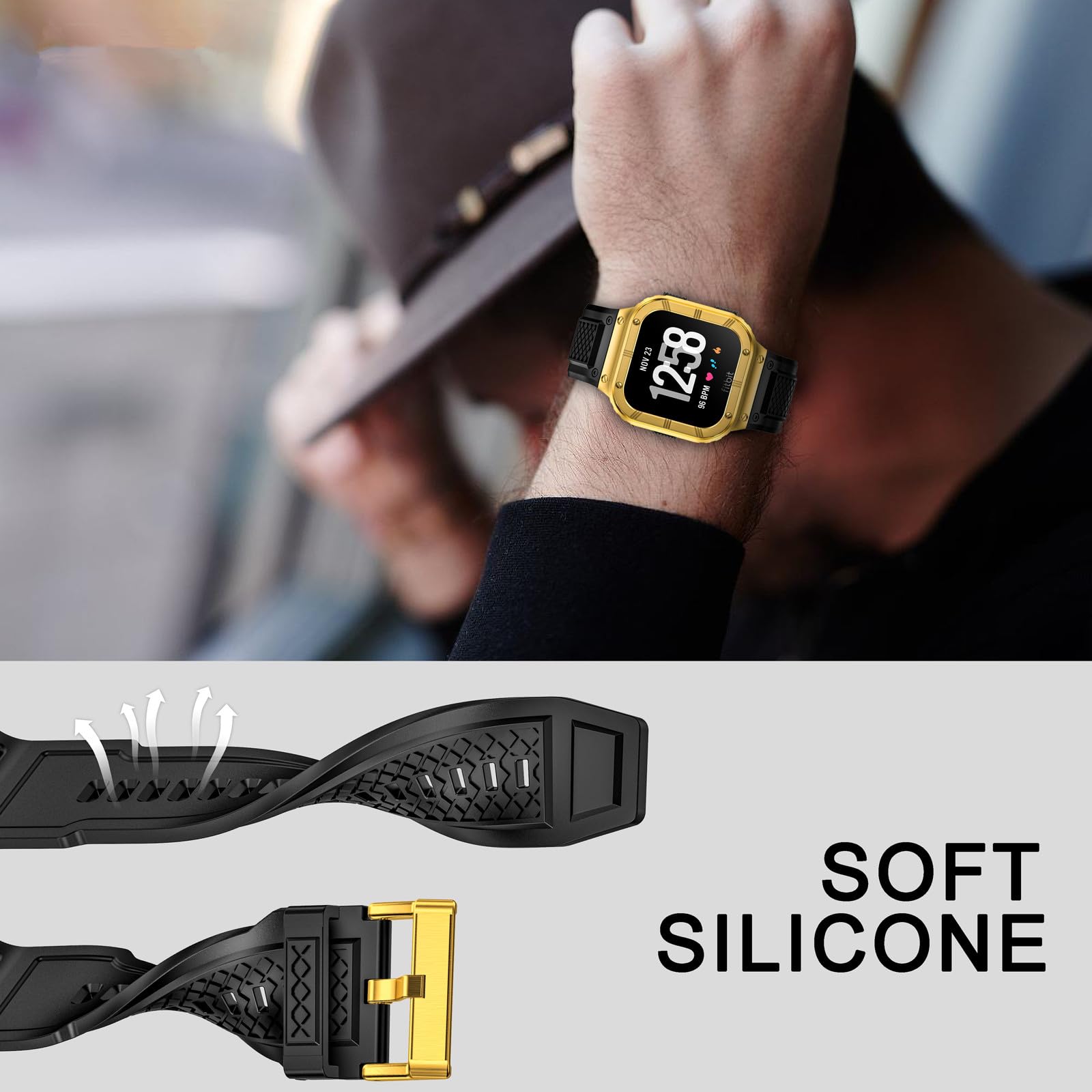 SUPLINK シリコンバンド Fitbit Versa 4/3/2/Lite/Sense/Sense 2 対応 バンド 金属ケース付き 頑丈なスポーツプロテクターカバー シリコンリストバンド 男性用 ゴールド