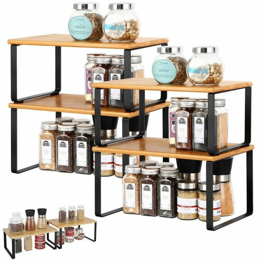 【 2個セット】キッチン調味料収納ラック 竹製スパイス収納ラック カウンターオーガナイザー 拡張可能..