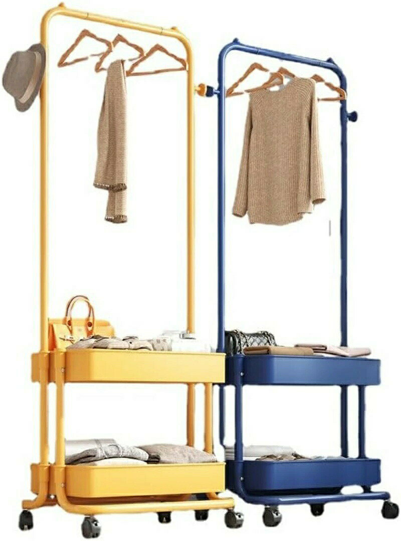 ハンガーラック コートハンガー 二重棚ハンガー 洋服掛け 衣類収納 ホイールと下部収納棚付き フック付 シンプル 省スペース 頑丈 スリム ワードローブ スチール製