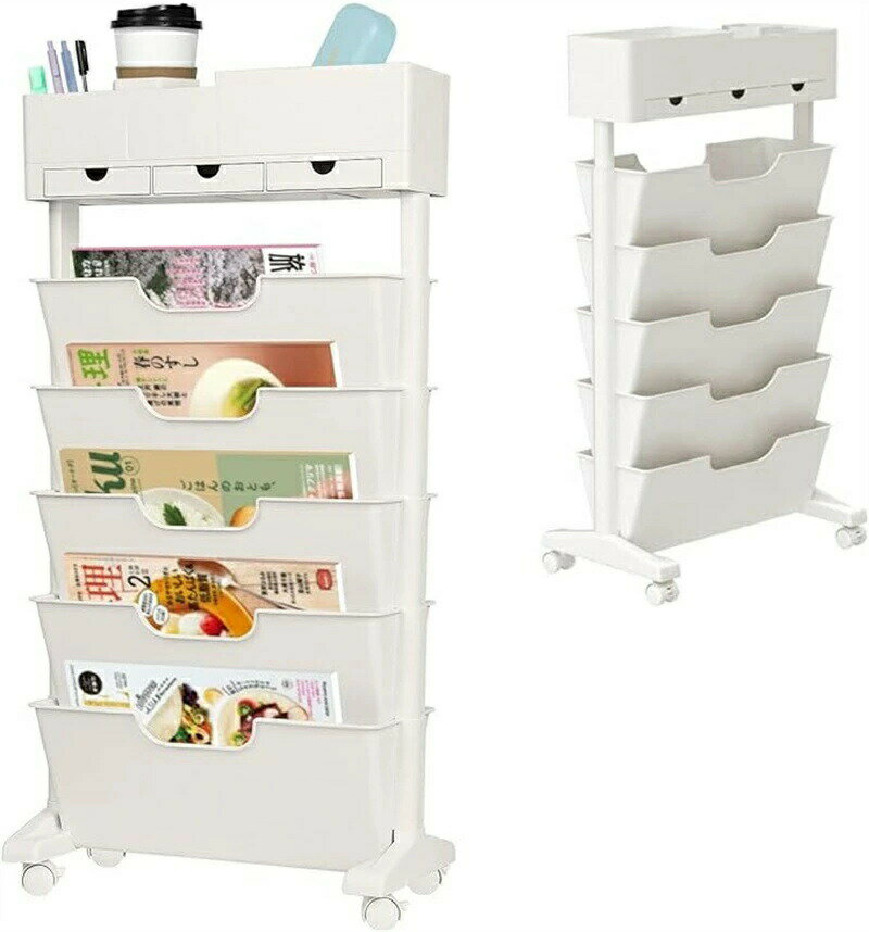 本棚 6段 マガジンラック 6段式 大容量 多機能ワゴン 書類収納ラック 引出し付き キャスター付き 省ス..