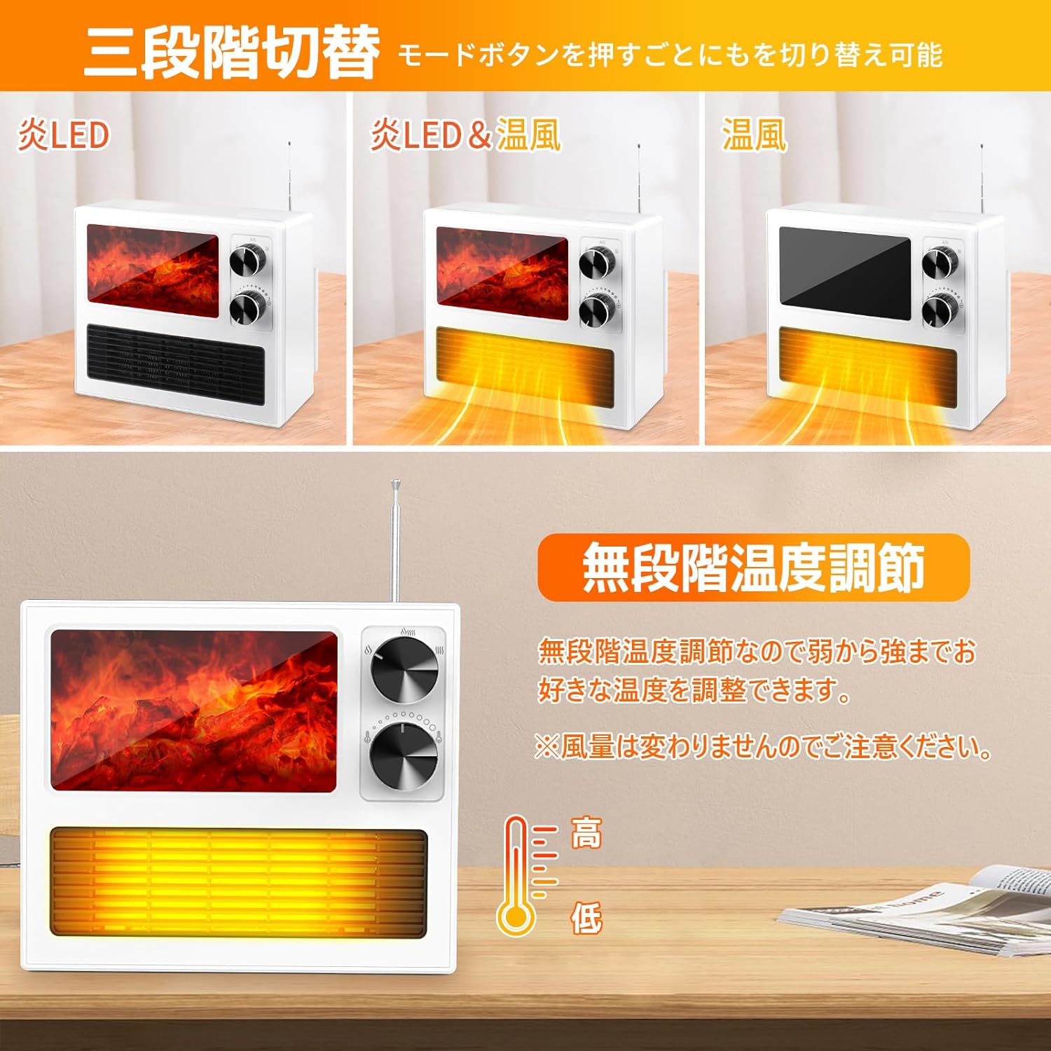 ヒーター【3D火炎?無段階温度調節】ファンヒーター 小型 足元暖房 電気ストーブ