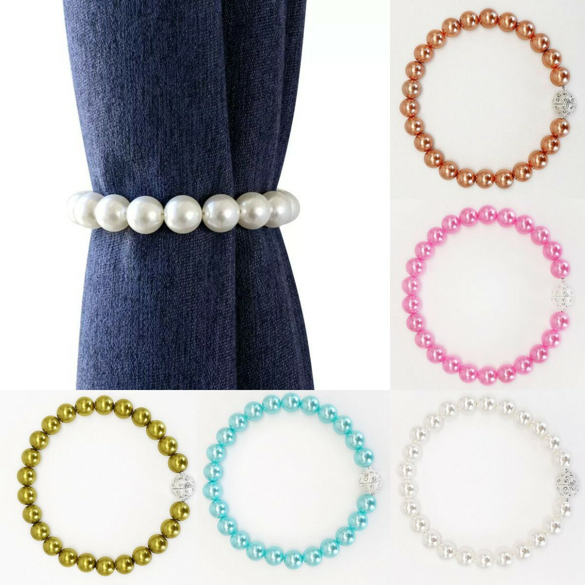 カーテンタッセル 大きなパール調 キラキラボールのアクセント マグネットタイプ 2個セット ホワイト ..