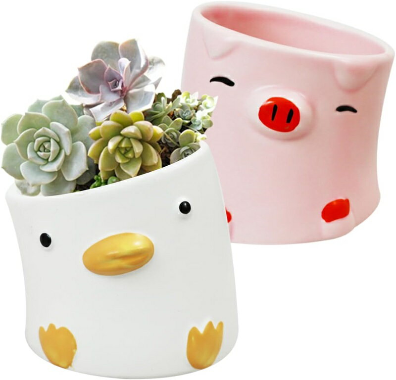 植木鉢 2個セット 多肉植物鉢 かわいい ミニ陶器鉢 癒し 鴨 豚 動物型 サボテン鉢 円筒形 小型 家庭 オ..