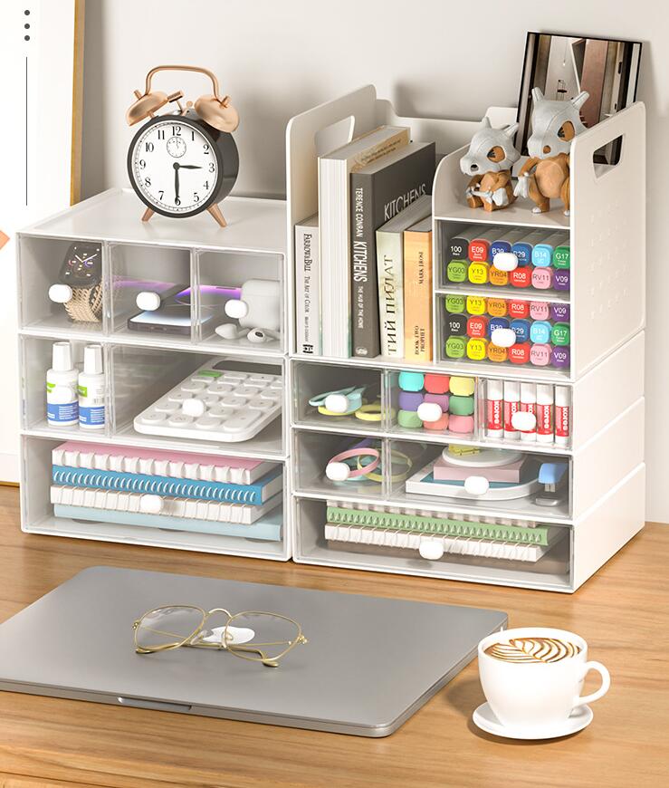 引き出し 卓上収納ケース 収納ボックス プラスチック 横 小物 2段 ホワイト 滑り止め 大容量 文房具収納 書類ケース 化粧品 事務用品 文書 組み合わせても 頑丈 シンプルでおしゃれ