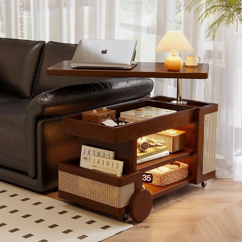 無垢材の移働テーブル昇降式の小さい坪型応接間家庭用ソファーサイドキャビネットカートバスサイド数