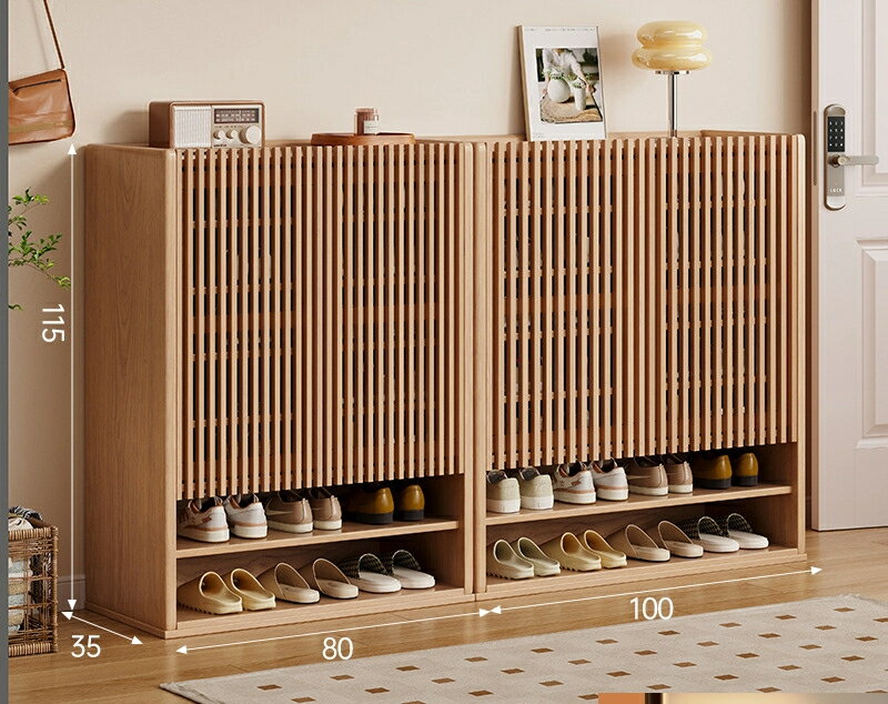 靴箱家庭用戸口無垢材2025新モデル収納キャビネット一体壁にもたれる日本式玄関大容量多層