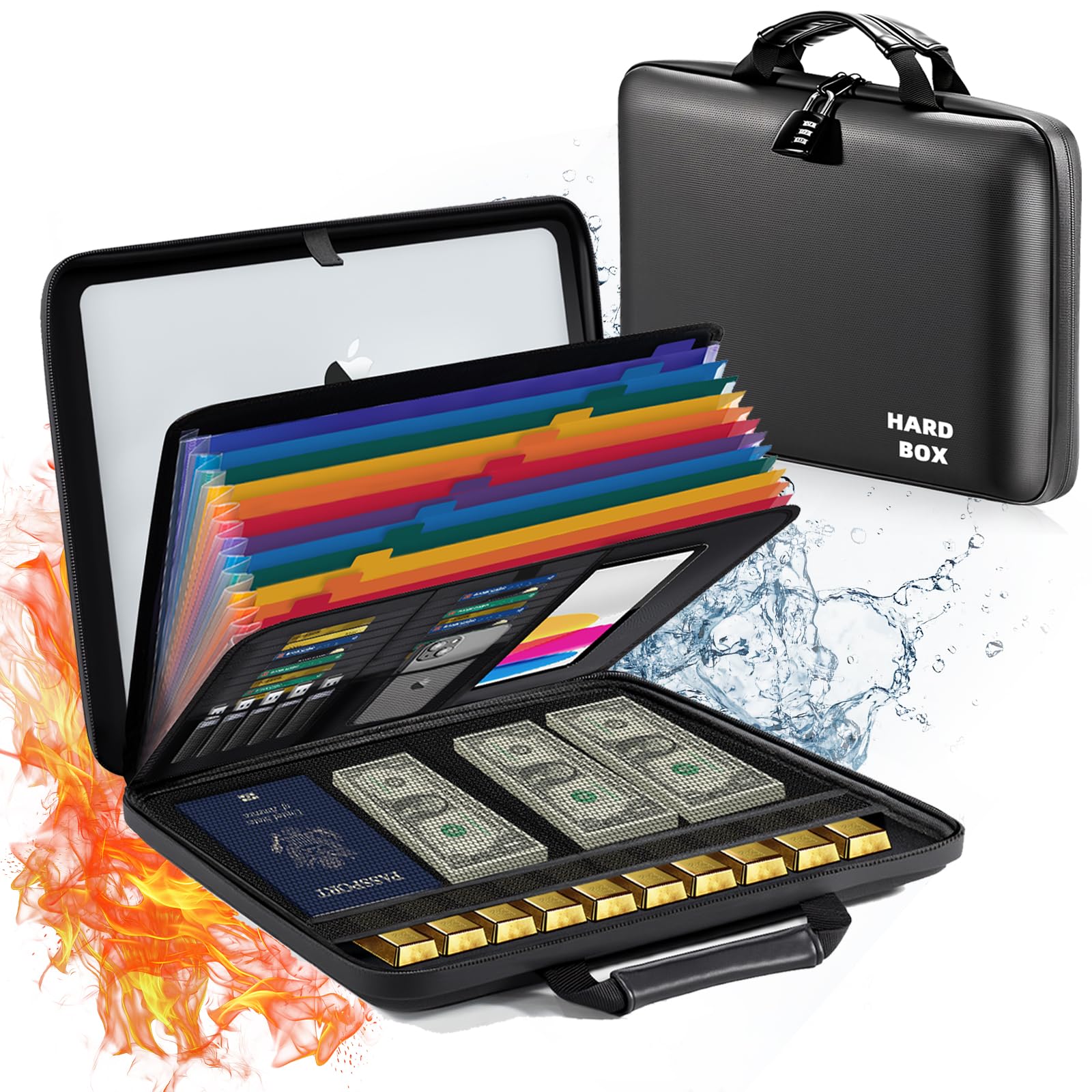 コンビネーションロック付き耐火ドキュメントボックス:ハードシェルケース 耐火防水ファイルオーガナイザーボックス 12ポケット付き アコーディオンファイルフォルダー 重要書類 証明書 ノートパソコン パスポート用 ブラック