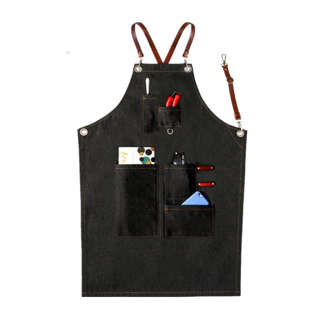 エプロン 作業用 前掛け Unisex PUレザーストラップグレーデニムワークエプロンバリスタの床屋オーバーオールスレストラン 美容師 ガーデニング シェフ バー (色 : Blue, Size : 80cm)