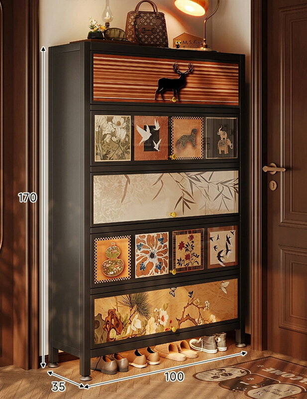 スチール製シューズボックス家庭用戸口中古風大容量入室玄関収納一体型壁際2025新作シューズラック