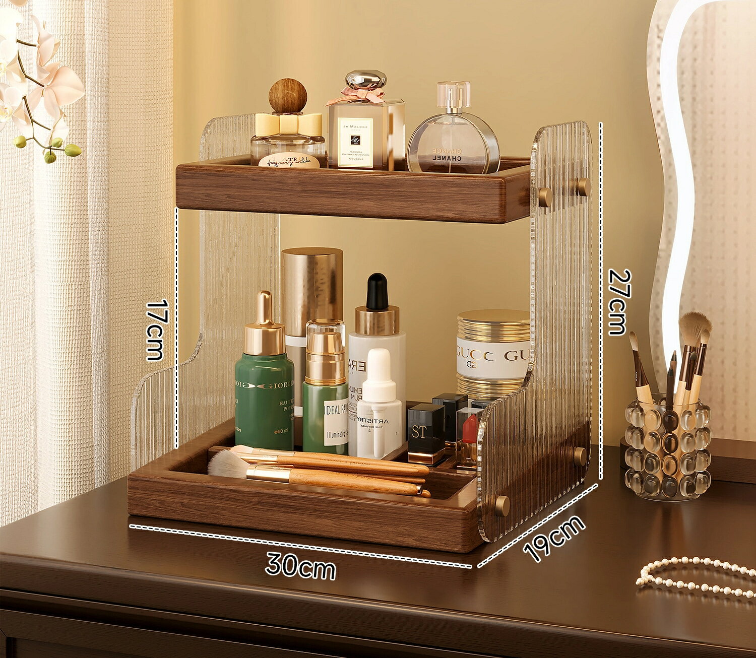 無垢材の化粧品レトロな収納ケース鏡台デスクトップ香水棚スキンケア口紅収納アクセサリーケース