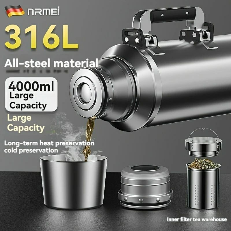 車用 旅行 アウトドア 保温フラスコ 4000ml 大容量 - ステンレス鋼断熱ウォーターボトル 316/304 保冷ポット 保温ポット
