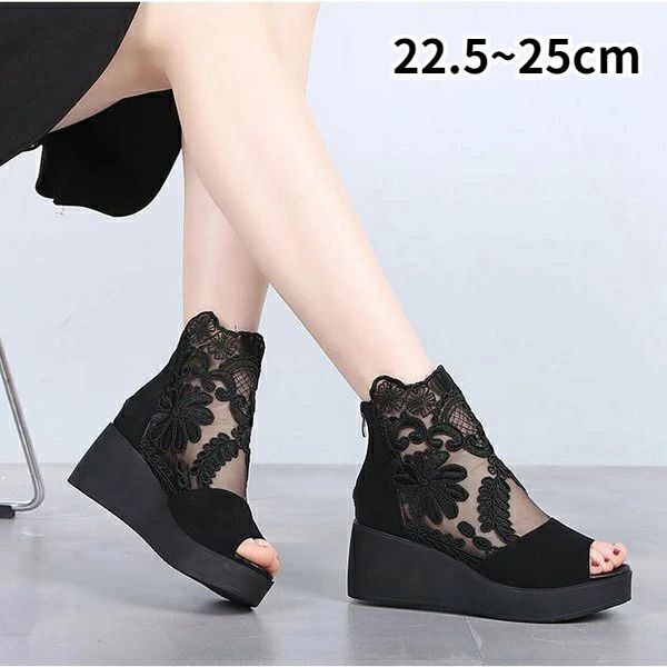 【在庫処分価格】レディース ブーツサンダル 厚底サンダル レース 花柄 ヒールサンダル オープントゥ ..
