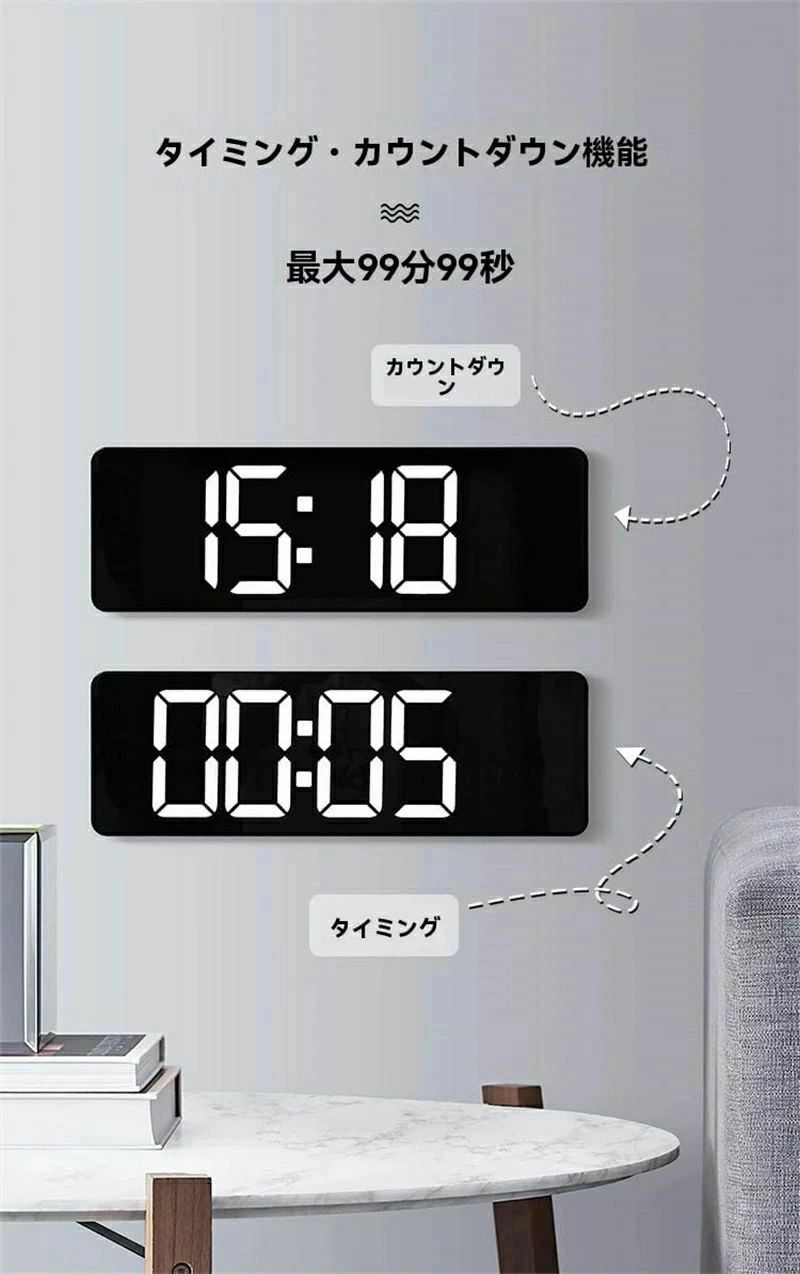 遠隔操作 リモコン付き 日付/温度表示 調光可能 大文字 目覚まし時計 LED時計 16インチ 大型 置き時計 壁掛け デジタル時計 3