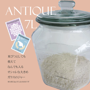 【送料無料】飾り文字がおしゃれ！ アンティーク風 ガラス製 クッキージャー 7.0L Lサイズ 専用パッキン付 （ガラス製 保存瓶 米びつ 保存容器）※パッキンが大きめのためカットしてご利用下さい。