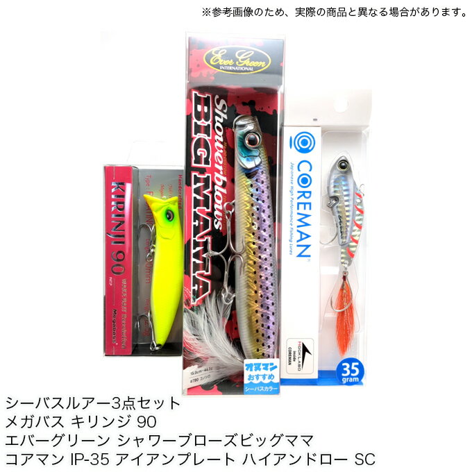 (5)シーバスルアー 3点セット（G）/メガバス キリンジ 90 /エバーグリーン シャワーブローズビッグママ /コアマン IP-35 アイアンプレート ハイアンドロー SCのサムネイル