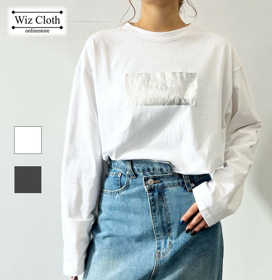 ロンT　シャイニープリントロンT メタリック プリント コットン 綿100% 長袖 Tシャツ ビッグサイズ ゆったり 白 黒 チャコール ネイビー クルーネック カジュアル M L トップス レディース 春 夏 秋 冬