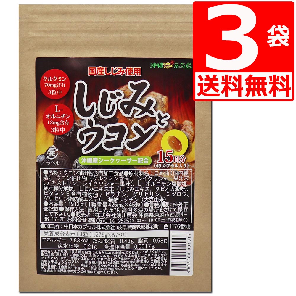 しじみ と ウコン 45粒入 ×3袋 国産しじみ使用 【送料無料】 沖縄県産シークヮーサー 配合 オルニチン クルクミン 食品ロス削減 サプリメント 忘年会 二日酔い対策 1