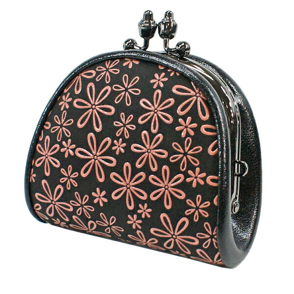 印伝 【甲州印伝 印傳屋 上原勇七】財布 がま口財布 がまぐち 小銭入れ【1105 雪割草 黒地×ピンク漆】 女性用 レディース 鹿革 本革 レザー シンプル 花柄 ブランド クリスマス【YM01】