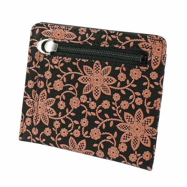 印伝 【甲州印伝 印傳屋 上原勇七】薄型財布 スマートウォレット【2011 クレマチス 黒地×ピンク漆】 女性用 レディース 鹿革 本革 レザー 薄い スリム キャッシュレス シンプル ミニ財布 花柄 ブランド 【YM01】