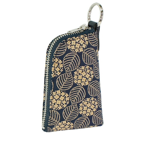 印伝 【甲州印伝 印傳屋 上原勇七】キーケース キーホルダー【4707 あじさい 紫陽花 紺地×白漆】 女性..