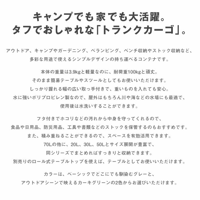 トランクカーゴ 20L キャンプ アウトドア 屋外 べランピング 釣り ガーデニング べランダ 玄関 座れる スツール 頑丈 フタ付き 大容量 ベンチ収納 日本製 収納ボックス 収納ケース コンテナ シンプル おしゃれ 整理整頓[ld]