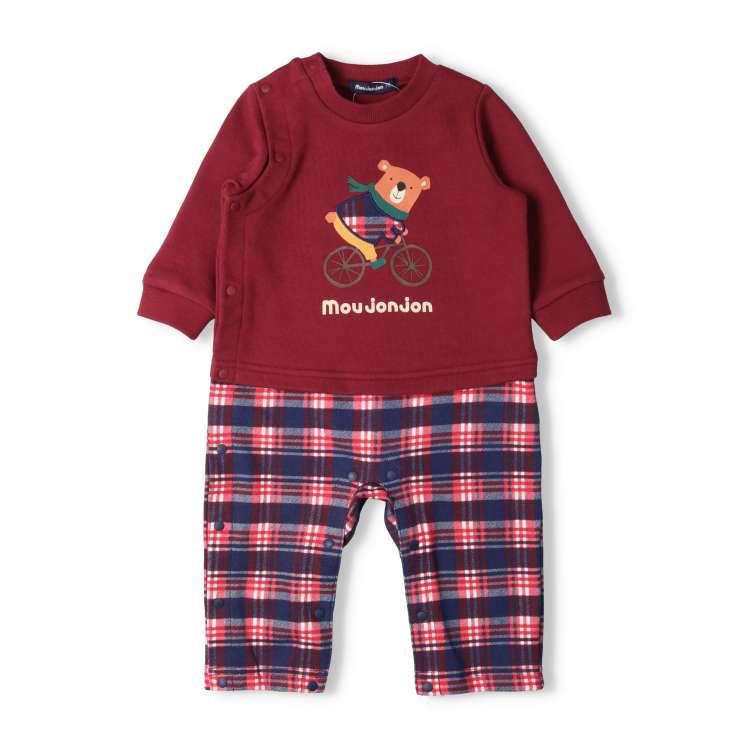 【24秋冬セール40%OFF】子供服 moujonjon (ムージョンジョン) くまプリントチェック切替ロンパース・オール 70cm，80cm M52705 marutaka-10036506 こどもの森 e-shop メーカー直営 サンプル画像2