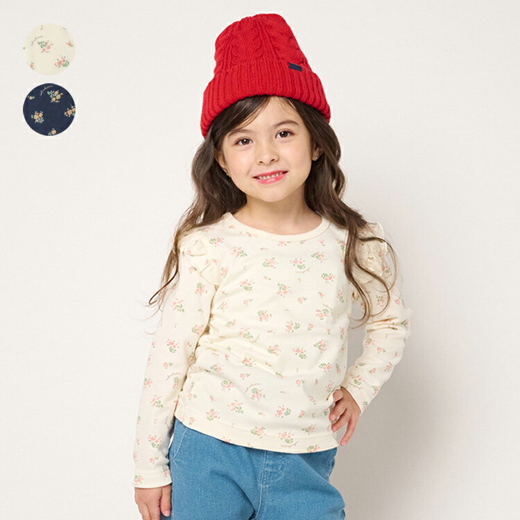 【23秋冬セール30%OFF】 子供服 moujonjon ムージョンジョン 日本製肩フリル小花柄スムース長袖Tシャツ・ロンT 80cm 90cm 100cm 110cm 120cm 130cm 140cm キッズ 女の子 M60801