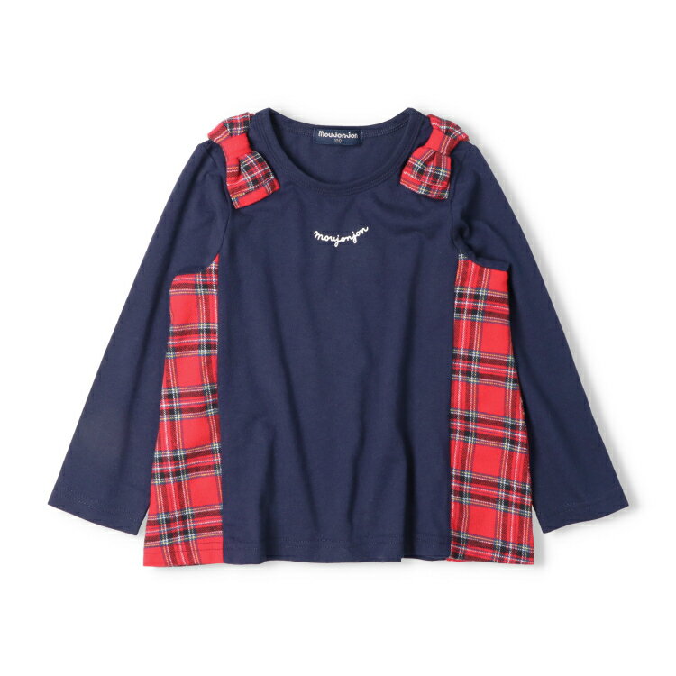 【25秋冬セール50％OFF】子供服 moujonjon (ムージョンジョン) 肩リボンチェック切替長袖Tシャツ・ロンT 80cm 90cm 100cm 110cm 120cm 130cm 140cm M64801