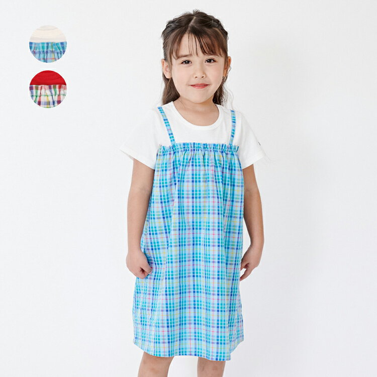 Rakuten - 子供服 moujonjon (ムージョンジョン) サッカーチェック切替半袖ワンピース 80cm 90cm 100cm 110cm 120cm 130cm 140cm M46301