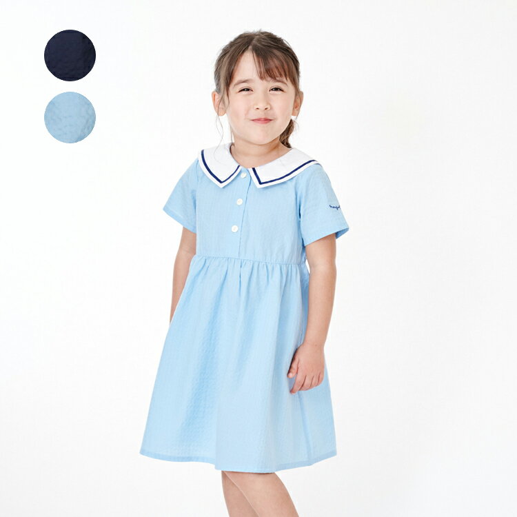 Rakuten - 【期間限定10％ポイントバック】6/26 9:59まで！子供服 moujonjon (ムージョンジョン) シアサッカーセーラー衿半袖ワンピース 90cm 100cm