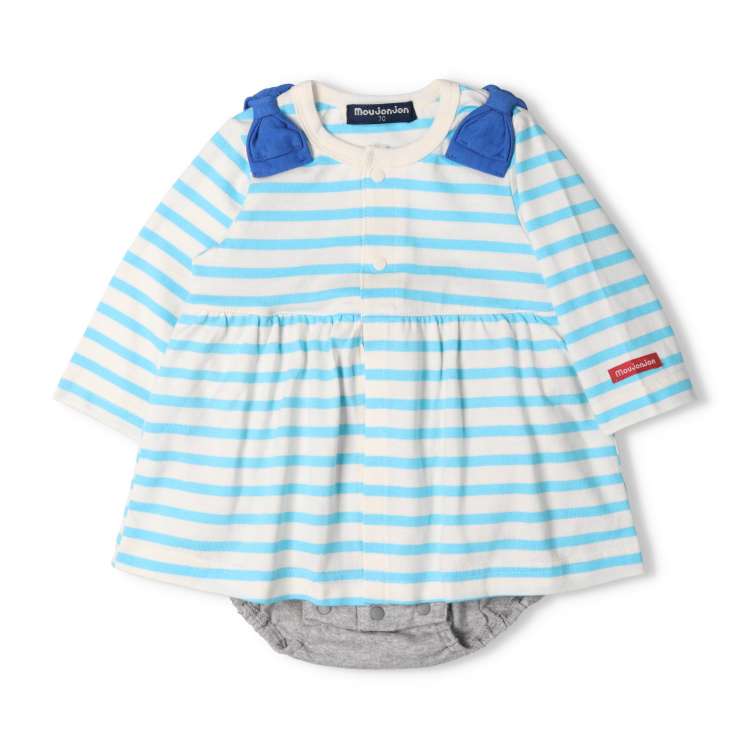 【店内全品10％OFFクーポン配布中！2/10　1：59まで】【25春セール40％OFF】子供服 moujonjon (ムージョンジョン) 肩リボンボーダー柄ブルマロンパース・Tオール 70cm，80cm M24700 3
